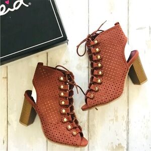 Amber lazer cut lace up peep toe booties boots heels block heel orange brown